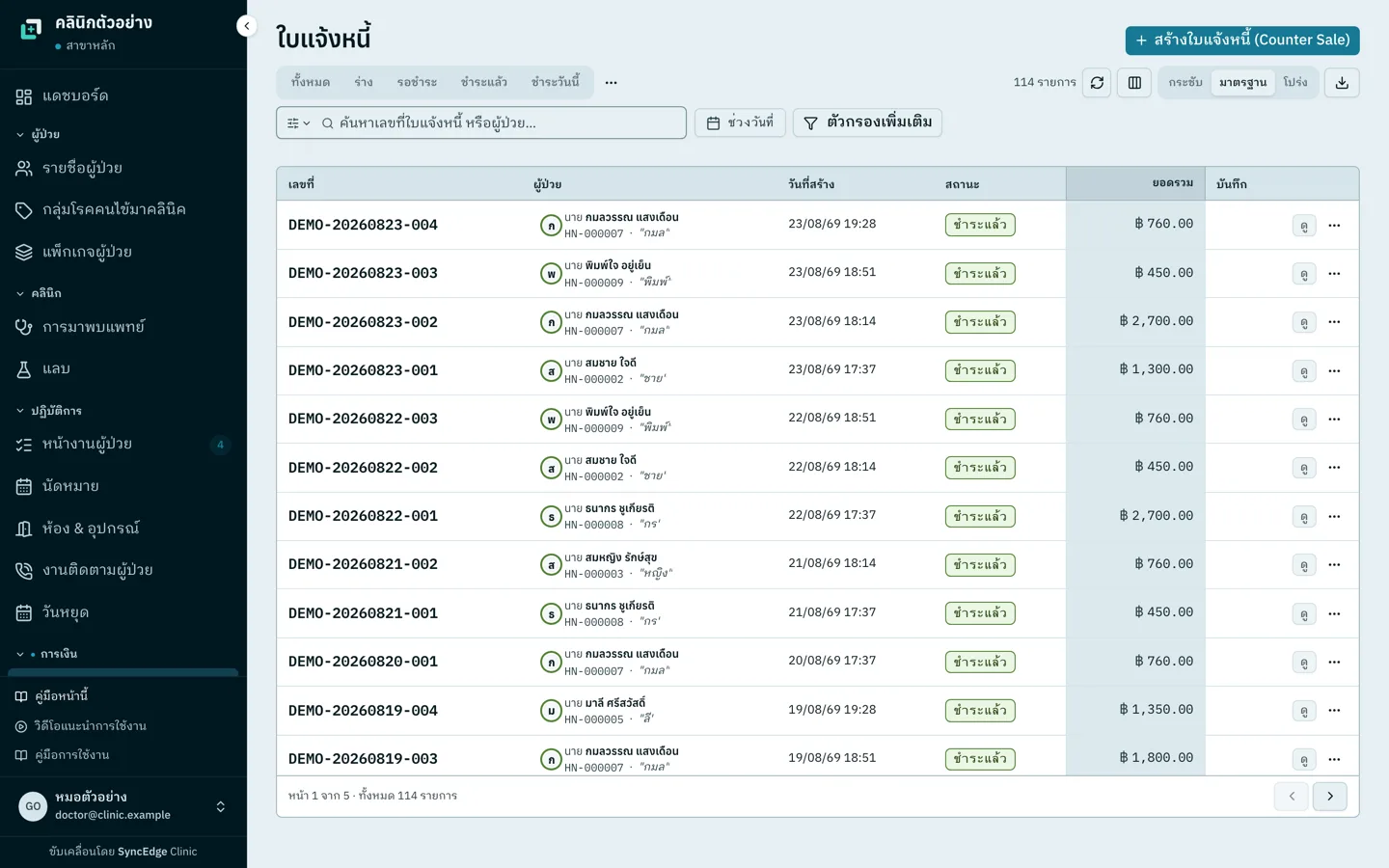 SyncEdge Clinic's invoice list in Thai, showing invoice numbers, patient names with HN, created dates, a paid status and totals, with a Counter Sale button at the top right